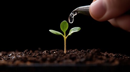 A small green seedling is being gently watered with a pipette against a dark background