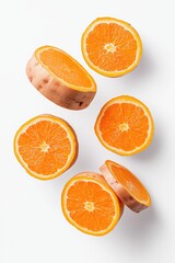 Freshly Sliced Oranges and Sweet Potatoes Arranged Beautifully on a Clean White Background, Perfect for Healthy Eating and Cooking Inspiration