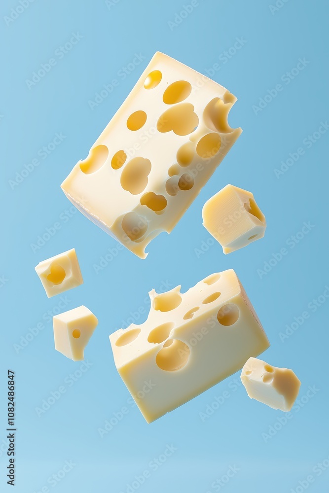 Poster floating blocks of creamy cheese with holes on a blue background capturing the playful essence of da