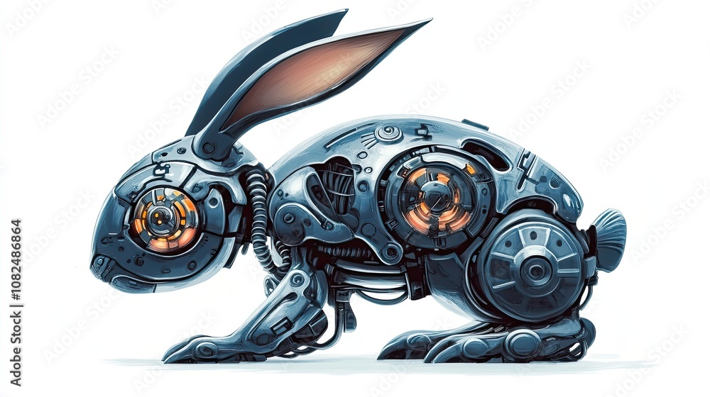 Poster a metallic rabbit with glowing internal cogs