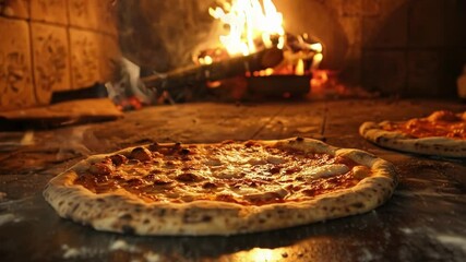 Mouthwatering pizza bakes in a hot stone oven, flames blazing. The aroma of italian cuisine fills the air as the crust crisps and cheese melts. Homemade gourmet meal for a tasty dinner or lunch