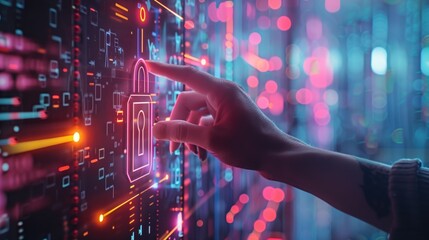 A cybersecurity expert hand interacting with digital lock icon on futuristic interface with neon lights