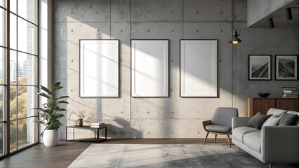 Modern Industrial Living Room with Mock-up Frames - Contemporary loft interior with minimalist furniture