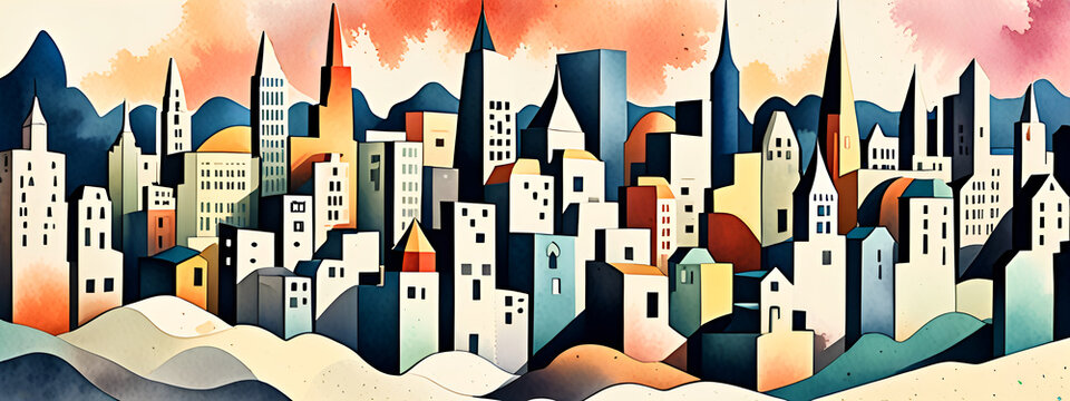 illustrazione sfondo con edifici astratti a tema geometrico surreale