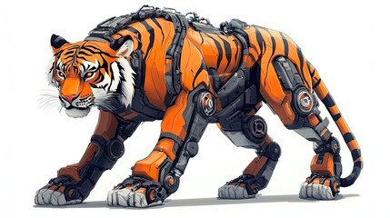 Fototapeta premium A Mechanical Tiger with Orange and Black Stripes