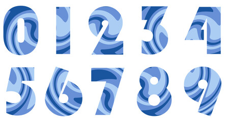 Set of blue numbers with wavy pattern isolated on white. Alphabet with numbers. Vector graphic elements for design. Abstract pattern with lines