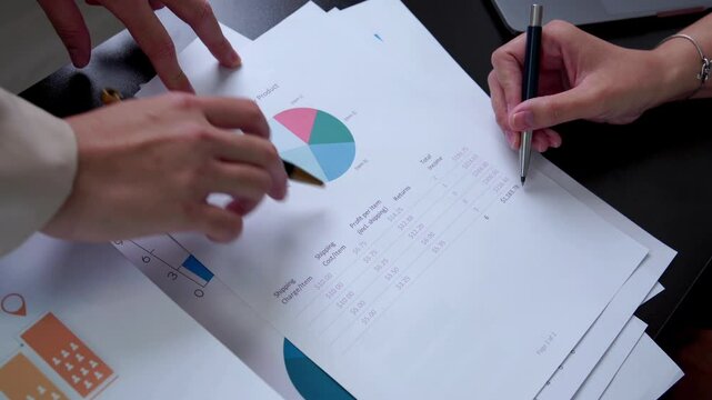 Close-up of two people's hands reviewing financial documents. A pie chart displays "% Income Per Product," and a table lists costs, profits, and returns. One hand holds a pen