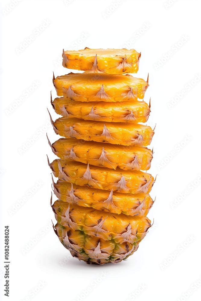 Poster Fresh Pineapple Slices Stacked Neatly on Top of Whole Pineapple with Vibrant Yellow Color and Unique Texture, Isolated on White Background for Culinary and Dietary Use