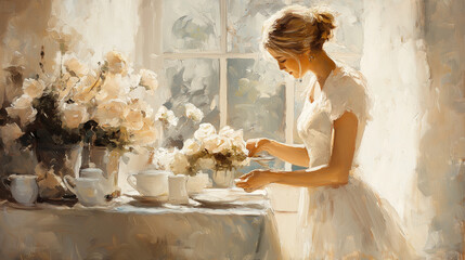 An elegant morning scene of a French girl arranging flowers on her dining table, surrounded by a charming, light-filled room. Her soft, content expression and simple dress highligh