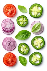 Fresh vegetables and herbs arranged in a creative pattern, featuring tomatoes, onions and basil leaves on a white background