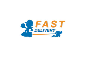 Fast delivery logo design template, vector cartoon courier carrying goods on a rocket