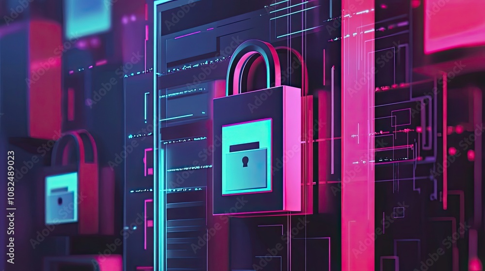 Poster a 3d rendering of a padlock on a neon-lit digital grid