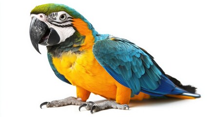 Fototapeta premium A vibrant blue and yellow macaw parrot with a curious expression, perched on a white background.