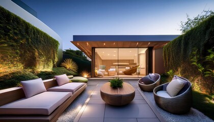 futuristic modern garden with minimalist design luxury furniture and led ambient lighting