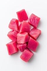 Fresh Raw Tuna Cubes on White Background Ideal for Culinary and Food Photography, Sushi Preparation, or Seafood Culinary Projects