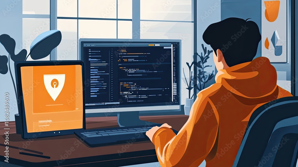 Poster a person working on a computer with a shield icon on a tablet