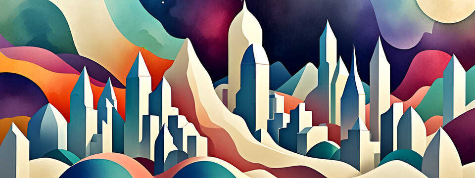 illustrazione sfondo con edifici astratti a tema geometrico surreale