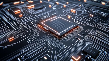 Fototapeta premium Close-up of a central processing unit (CPU) on a circuit board with glowing orange circuits.