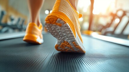 A close-up view of a person jogging on a treadmill, showcasing bright orange athletic shoes. The gym is well-lit with soft sunlight streaming in through the windows.