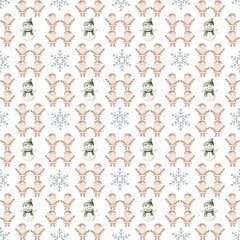 Cheerful snowmen with winter snowflakes in a repeating pattern design for festive decor