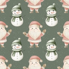Festive pattern featuring cheerful Santa and snowman on a cozy green background