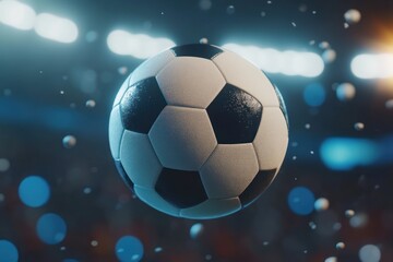 Naklejka premium A classic black and white soccer ball floats in the air with stadium lights in the background.