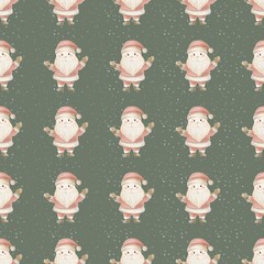 A whimsical pattern featuring cheerful Santa Claus characters on a green backdrop with snowflakes