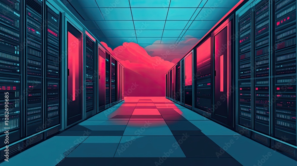 Aufkleber server racks in a modern data center corridor with a red and blue gradient