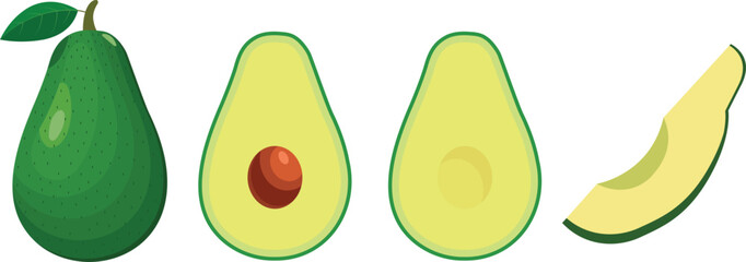 Vector set of avocados Illustration whole, halves, seed, leaf, sliced. avocado isolated on white background. Vegan food vector icons in cute cartoon style, flat.