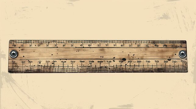 A vintage wooden ruler with black markings, worn and weathered with age.