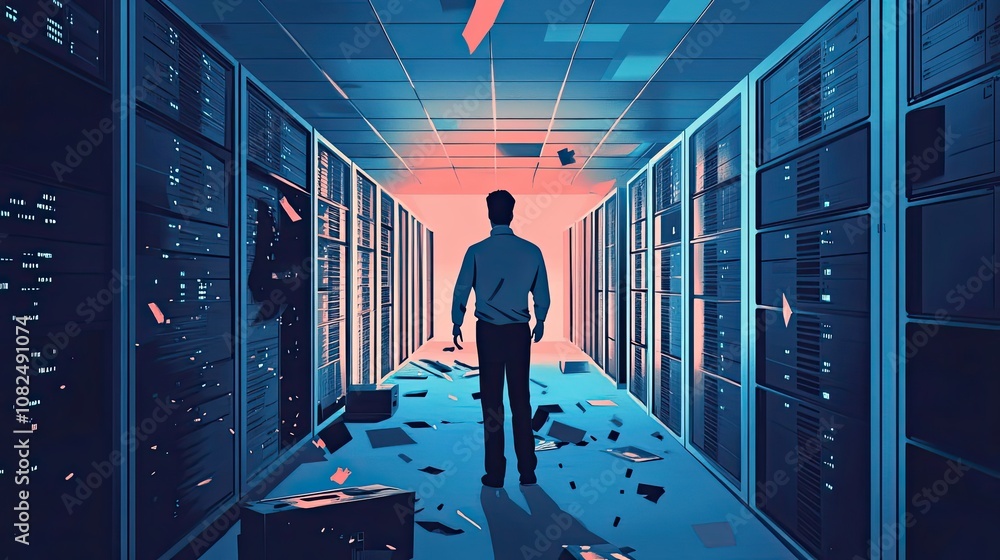 Poster a man walking through a server room with data falling around him