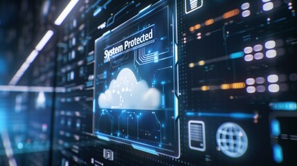 Obraz premium Digital security interface displaying System Protected in futuristic data center