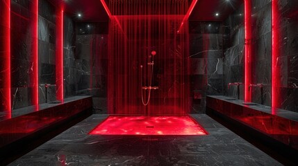 Modern bathroom interior with a black marble shower and red lighting.