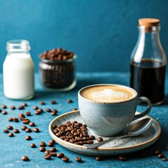 A cup of milk coffee is placed on a ceramic plate with a metal spoon and coffee beans, a cup of milk and a bottle of black coffee standing out against the blue background.