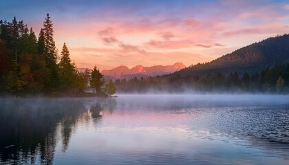 Obraz premium misty mountain lake capturing the essence of a serene sunrise with soft pastel palette