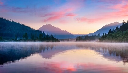 Fototapeta premium misty mountain lake greets serene sunrise with soft pastel watercolor hues