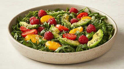 Fresh salad with avocado, tomatoes, raspberries, and arugula in a bowl.