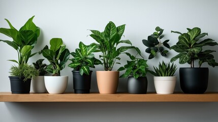 Fototapeta premium Various potted green indoor plants arranged on a wooden shelf against a plain white wall.
