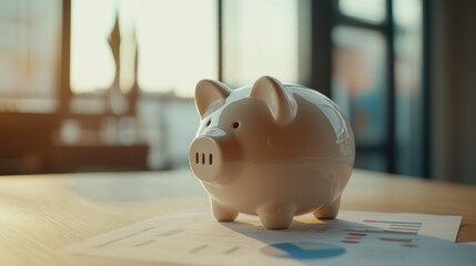 Piggy Bank on Table with Business Charts