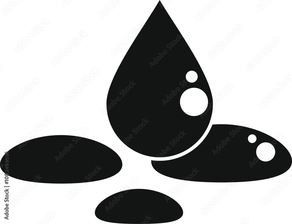 Poster water drop splashing on a surface and creating smaller droplets, simple black icon