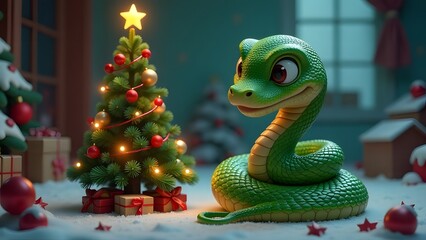 Fototapeta premium A vibrant green snake adorned with a star on its head is gracefully sitting in front of a beautifully decorated Christmas tree