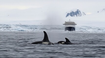 Naklejka premium Two orcas swim in the frigid waters of Antarctica, with a cruise ship and snow-capped mountains in the background.