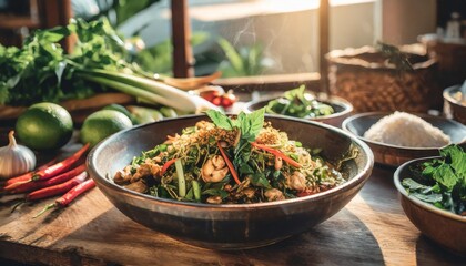 Fototapeta premium Casual Home Cooking of Spicy Phat Kaphrao Stir Fry Served in a Rustic Kitchen with Authentic Thai Ingredients and Fresh Herbs, Ready for a Family Dinner Gathering