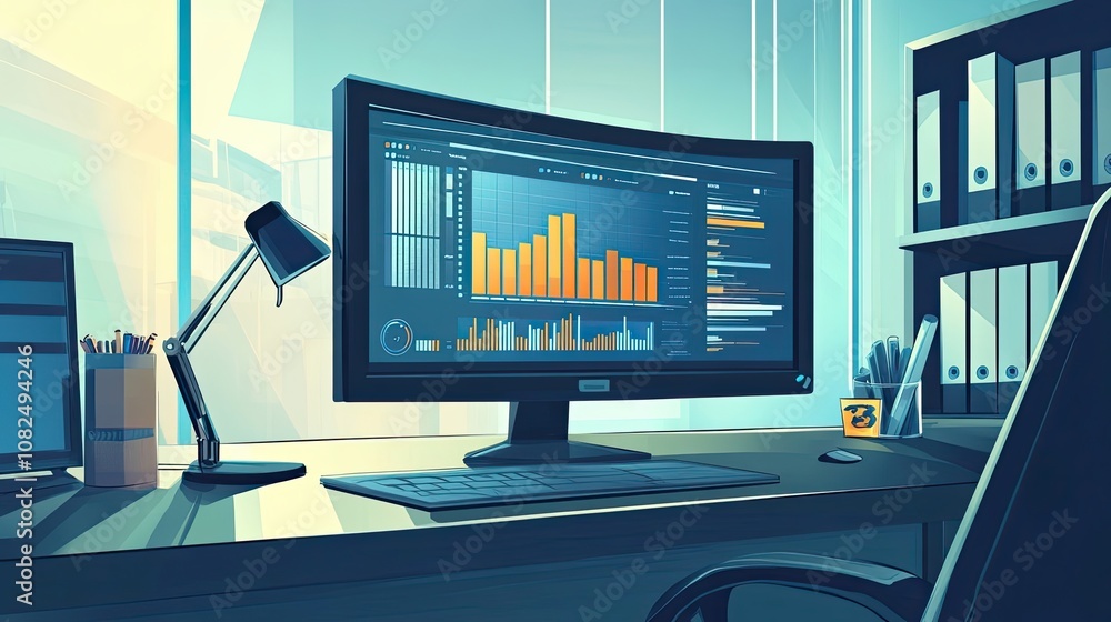 Poster modern office workspace with curved monitor displaying financial data