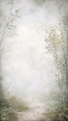 Misty forest path enveloped in ethereal light and soft greenery, AI