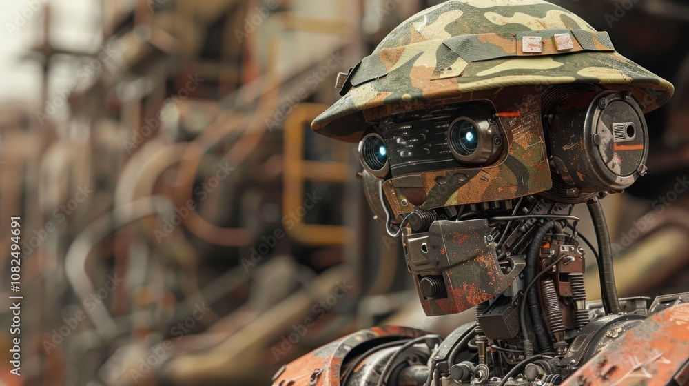 Poster Close-up portrait of a futuristic robot with a camouflage helmet, looking intensely at the viewer, set against a backdrop of rusty machinery.