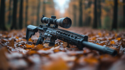 Obraz premium Rifle in Autumn: A black semi-automatic rifle with scope lies on a bed of autumn leaves in a forest setting. The rifle's sleek design contrasts with the vibrant colors of the leaves.