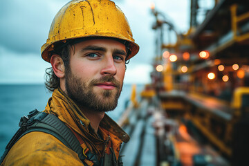 offshore drilling, oil platform worker or employee in the sunset at the sea, engineer