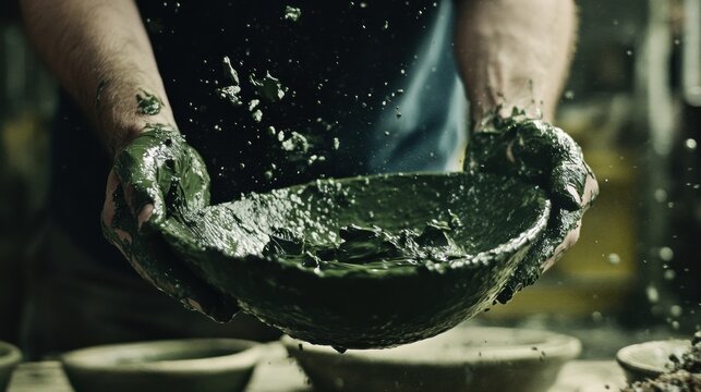 Craftsman shaping a clay bowl with skillful hands in a pottery workshop, AI
