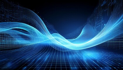 this image features blue waves of light in motion set against a digital grid background symbolizing the flow of technology and data